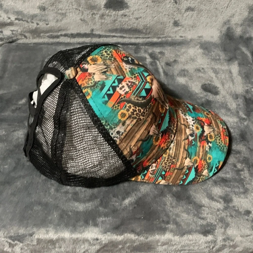 Womens Western Bull Skull Sunflower Ponytail Trucker Hat Mesh Back Cap Multi